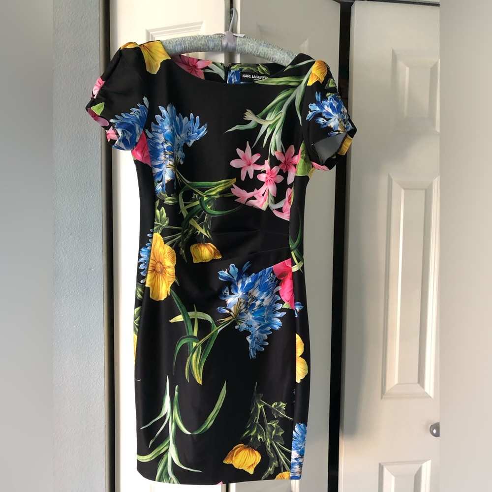 Karl Lagerfeld New Black Floral Dress with Pink, Blue & Yellow Blooms Paris